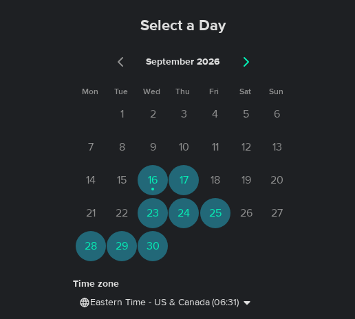 September 16: the booking calendar shows September 2026 with several days available.