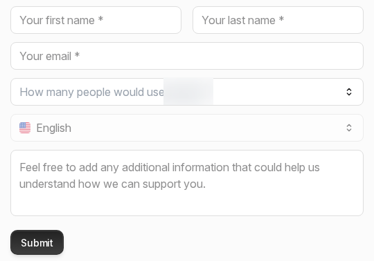 A demo request form with name, email, team size, language and message fields and a Submit button.