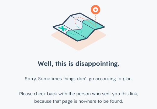 A meeting booking page saying: Well, this is disappointing. Please check back with the person who sent you this link, because that page is nowhere to be found.