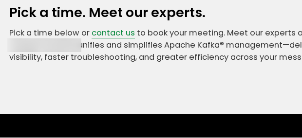 Ten seconds after the click: the booking page says Pick a time. Meet our experts. Nothing below it yet. The product name is blurred.